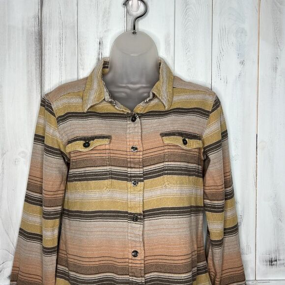 WOMENS PATAGONIA GRAY YELLOW ORANGE STRIPED LONG SLEEVE BUTTON FLANNEL SHIRT 2 - Picture 4 of 12